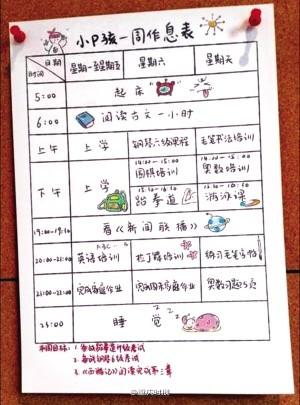 “北大虎妈”给9岁娃制作作息表 每天学习18小时